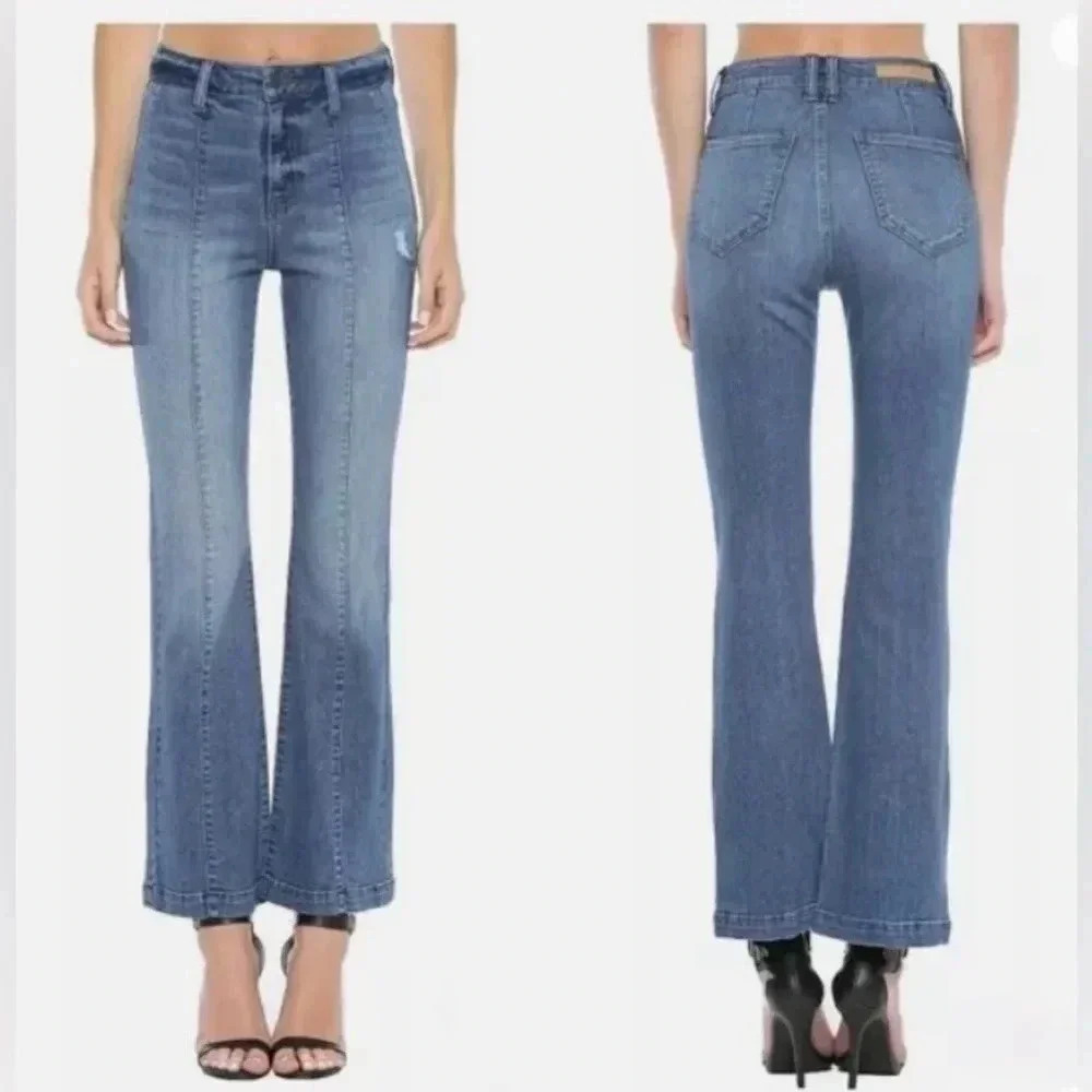 Cello High Rise Flare Jeans Seam Front Distressed Blue‎ Denim WV36976M Size 9